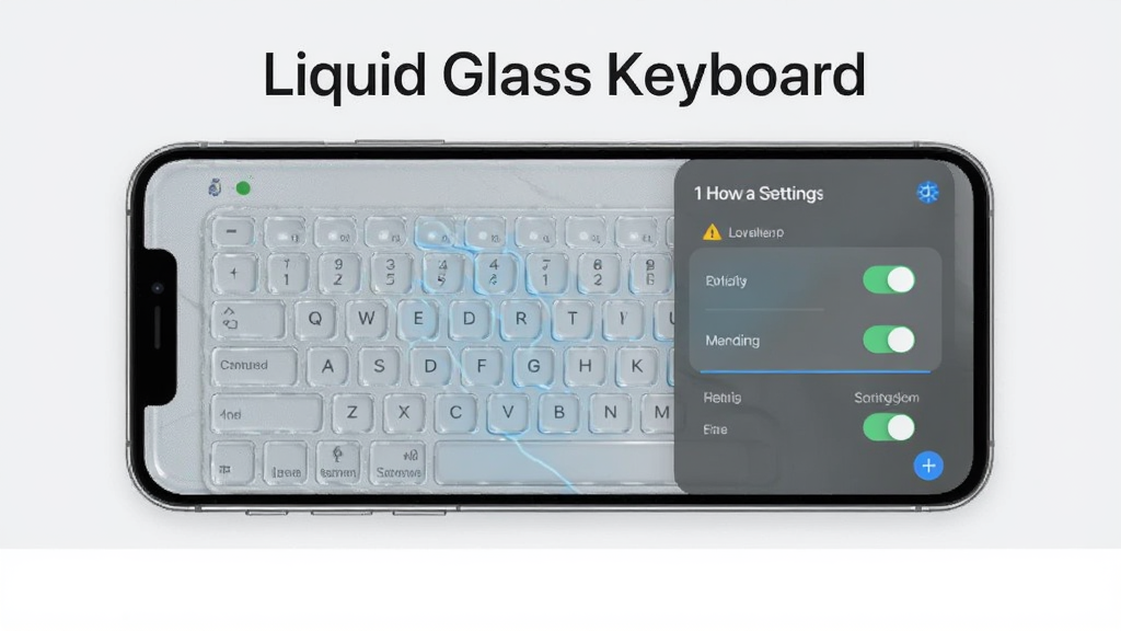 一张液态玻璃键盘(Liquid Glass Keyboard)轻量运行示意图,主体是一部手机与简洁的设置界面,布局为上方软件名称、中部手机与设置面板、下方留白,排版清爽,风格为极简科技风,细节包括低占用提示图标、简洁开关、流畅界面,画质高清、干净、无多余元素