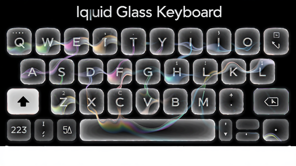 一张液态玻璃键盘(Liquid Glass Keyboard)流动光影动效示意图,主体是手机键盘界面,布局为上方标题、中部键盘、下方说明留白,排版横向展开,风格为动态光效展示,细节包括按键表面的光带流动、渐变折射、柔和发光边框,画质高清、干净、无多余元素