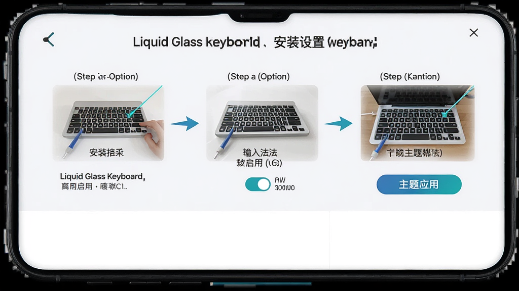 一张液态玻璃键盘(Liquid Glass Keyboard)安装设置流程图,主体是手机屏幕上的分步操作界面,布局为上方标题、中部三步操作示意、下方留白,排版纵向流程式,风格为教程图解,细节包括安装提示、输入法启用开关、主题应用按钮、箭头引导,画质高清、干净、无多余元素