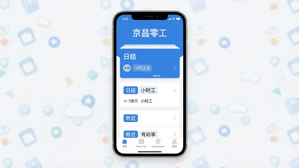 手机屏幕居中展示一款蓝白色调的零工招聘应用界面,顶部显示“京昌零工”四个字,页面中部是岗位列表卡片,包含“日结”“小时工”“附近”等标签,底部有导航栏,整体布局简洁清晰,扁平化UI设计风格,细节精致,画质高清,干净无多余元素