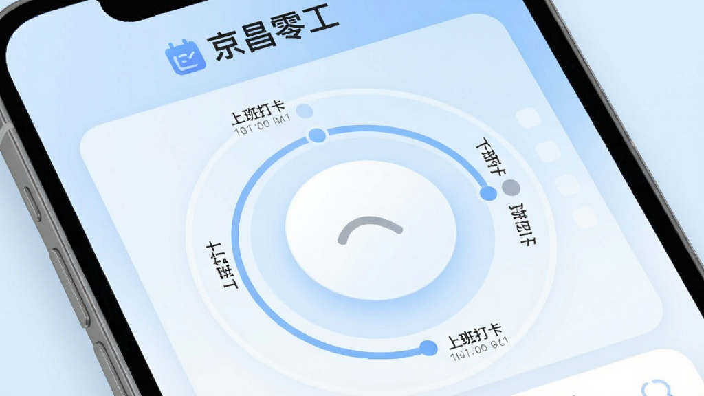 手机界面展示考勤打卡页面,中央是一个大圆形打卡按钮,周围环绕时间轴记录条目,显示“上班打卡”“下班打卡”状态,页面顶部有“京昌零工”文字标识,整体采用柔和圆角卡片设计,浅蓝渐变背景,风格清爽现代,画质细腻,干净利落