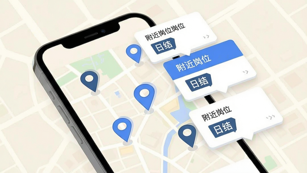 手机界面展示地图定位与岗位卡片结合的画面,地图上有多个定位标记点,旁边浮出岗位信息小卡片,卡片上写有“附近岗位”“日结”字样,整体为浅色背景配蓝色高亮,扁平插画风格,布局疏密有致,画质清晰,干净整洁