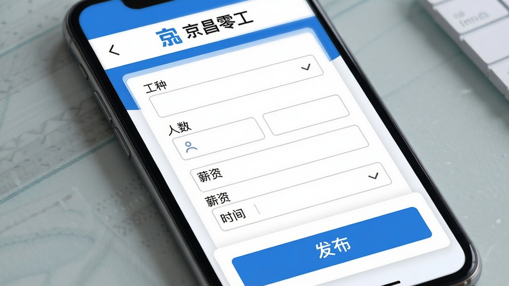 手机屏幕呈现用工发布表单页面,包含“工种”“人数”“薪资”“时间”等输入框,页面顶部有“京昌零工”标识,底部是醒目的发布按钮,界面采用卡片式布局,蓝白配色,风格简洁商务,细节清晰,画质高清,无杂乱元素
