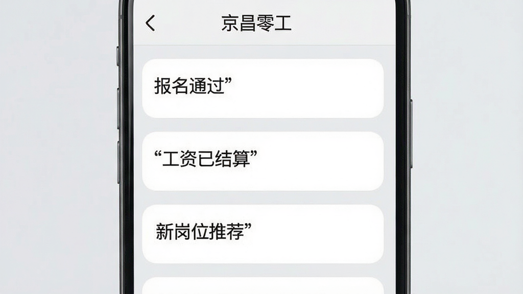 手机消息通知列表界面,多条通知卡片依次排列,卡片上分别写有“报名通过”“工资已结算”“新岗位推荐”等字样,顶部有“京昌零工”标题栏,整体采用浅灰底色配白色卡片,圆角设计,风格素雅清新,排版整齐,画质清晰,无多余装饰