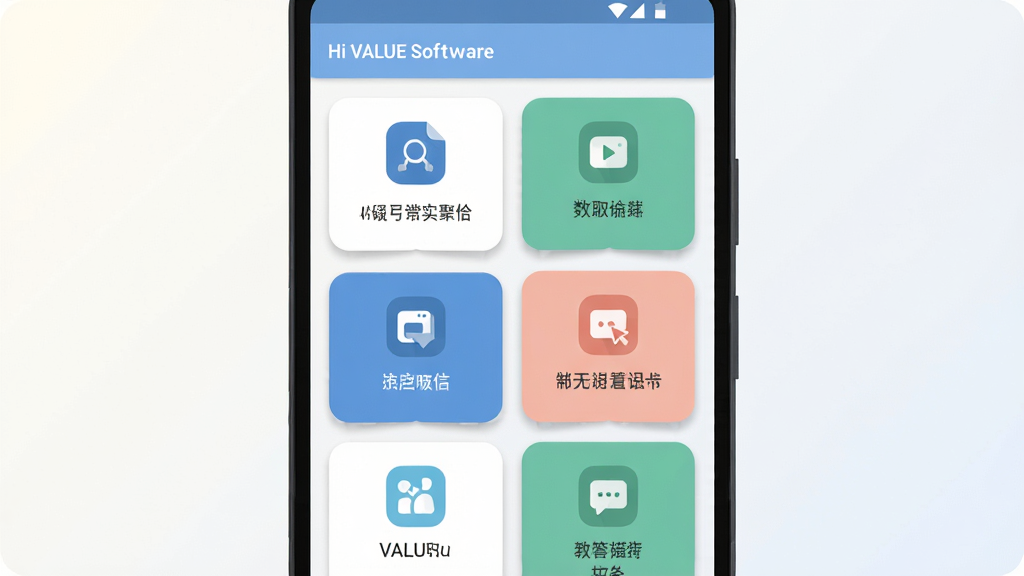 一张展示 Hi VALUE 软件功能卡片聚合页面的手机界面插画,主体为一部正面摆放的安卓手机,屏幕中呈现多个功能卡片整齐排列的网格布局,布局为手机居中、背景为简洁浅色渐变,排版突出卡片之间的间距与层次,风格为清爽扁平化 UI 设计风格,细节包括圆角图标、柔和阴影、统一配色,画质高清、干净、无多余元素