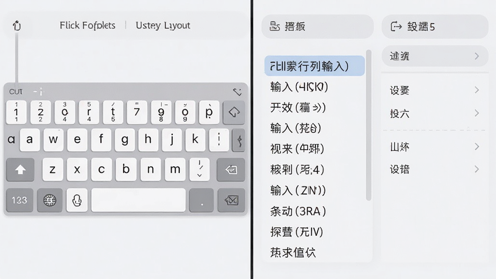 Flick行列入法功能展示图,画面分为左右两部分,左侧展示键盘键位布局,右侧展示候选字列表与设置面板,整体风格为简洁信息图,配色柔和,细节清楚,画质高清,干净无杂乱元素