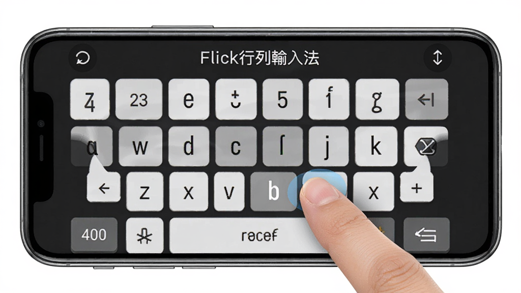 Flick行列入法软件界面展示,手机屏幕显示行列输入法键盘,手指正在按键上滑动输入,画面中有