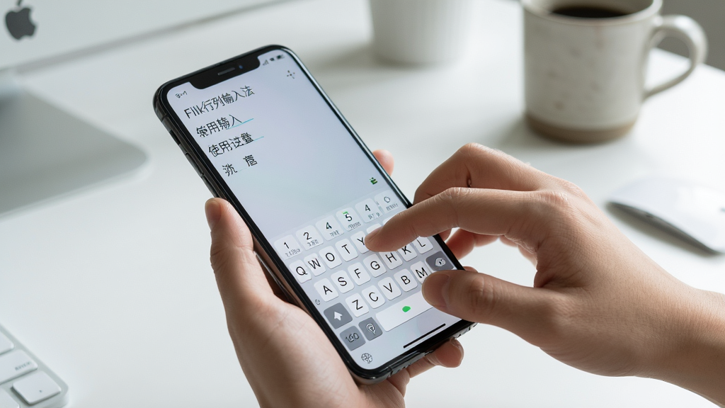 Flick行列入法使用场景图,画面展示一只手在手机上使用行列输入法打字,手机屏幕清晰显示键盘与候选字,背景为简洁桌面环境,风格为生活化产品使用图,光线柔和,细节清楚,画质高清,干净无多余元素