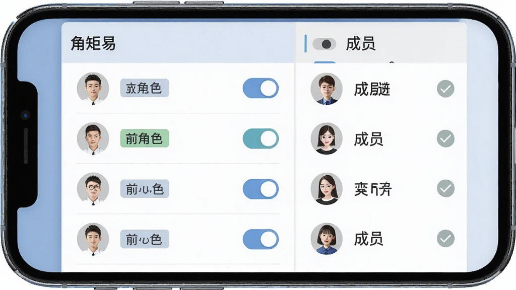 一张“矩易”多角色协同功能示意图,主体为手机屏幕内展示角色权限列表与成员头像,布局为左右分栏结构,风格扁平化商务,细节包含开关按钮、角色标签与勾选状态,画质清晰干净,无多余装饰