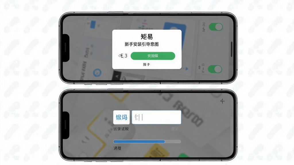 一张“矩易”新手安装引导示意图,主体为手机屏幕展示安装权限弹窗与登录界面,布局为上下排列的两块手机界面,风格简洁清新,细节包含开关按钮、验证码输入框与进度条,画质清晰干净,无多余文字堆砌