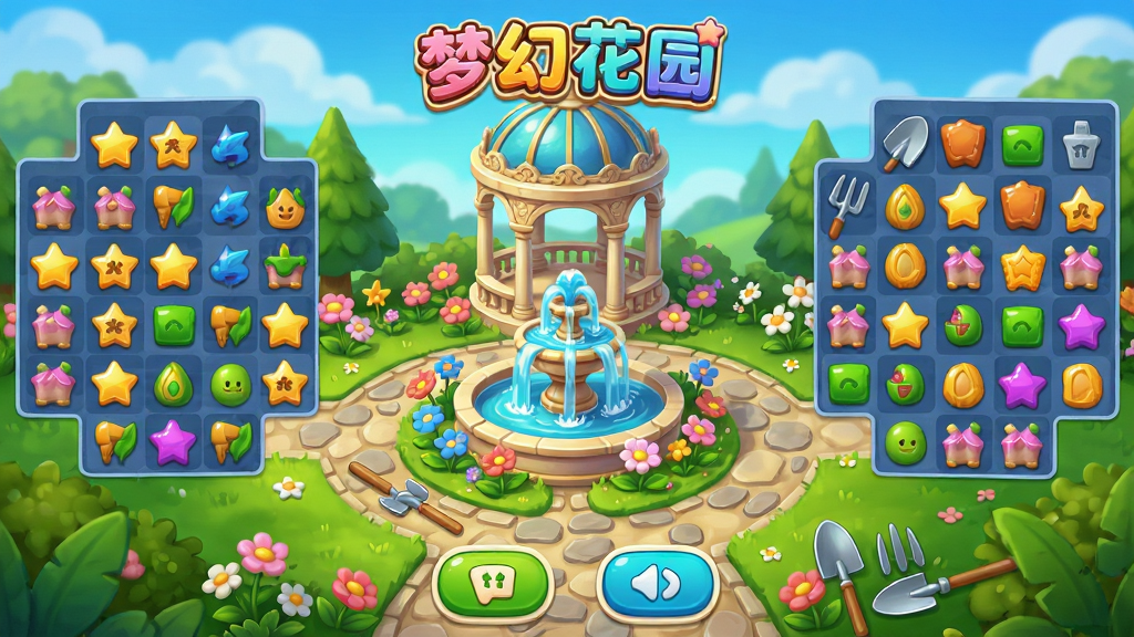 梦幻花园游戏主界面,中央是盛开的花园喷泉与欧式凉亭,四周环绕三消棋盘元素与星星图标,布局上游戏标题位于顶部中央,下方是花园场景与操作按钮,排版简洁清晰,风格为明亮卡通休闲游戏风,细节包含花朵、石板路、园艺工具与彩色消除棋子,画质高清,画面干净,无多余元素