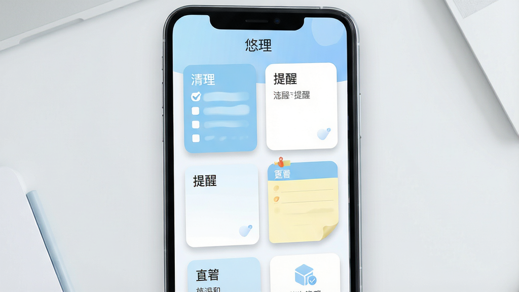 一张手机应用界面展示图,画面主体是一部竖屏智能手机,屏幕上排列着清单、提醒、便签等功能卡片,卡片布局整齐,配色以浅蓝与白色为主,背景为简洁的浅灰渐变桌面,风格清爽现代,细节上卡片带有轻微阴影和圆角,画质清晰干净,无多余装饰元素,屏幕上方以文字标注