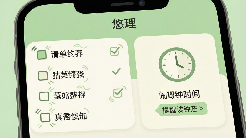 一张功能展示示意图,画面主体为手机屏幕特写,屏幕内呈现清单勾选与闹钟提醒两个并列模块,左侧为带复选框的待办条目列表,右侧为圆形时钟图标与提醒时间标签,布局左右对称,风格扁平化插画,配色为浅绿与米白,细节上条目带有细小勾选动效线条,画质清晰干净,屏幕上以文字标注