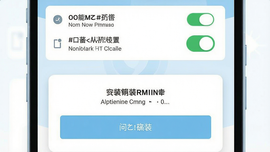 一张手机安装与权限设置示意图,画面主体为手机屏幕特写,屏幕上显示通知权限开关与安装确认对话框,布局为上下结构,上方为权限列表,下方为安装按钮,风格简洁扁平,配色为白色与浅蓝,细节上开关呈绿色开启状态,画质清晰干净,无多余元素