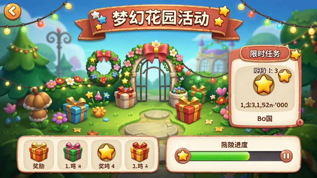 梦幻花园活动界面,画面中央是节日主题花园装饰与限时任务面板,布局上方为活动横幅,下方为奖励展示与进度条,排版活泼有序,风格为节日卡通游戏风,细节包含彩灯、花环、礼盒与星星奖励图标,画质高清,画面干净,无多余元素