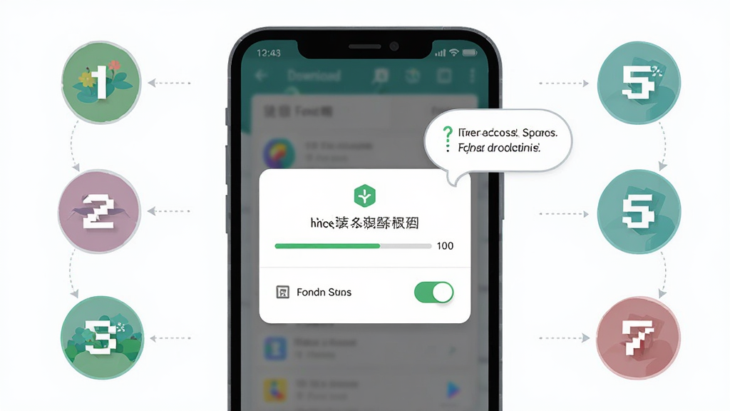 梦幻花园安卓版安装与权限设置示意图,画面展示手机屏幕上的安装确认弹窗与存储权限开关,布局为手机界面居中,周围环绕步骤编号图标,排版清晰直观,风格为扁平化教程插图,细节包含下载进度条、权限开关与提示气泡,画质高清,画面干净,无多余元素