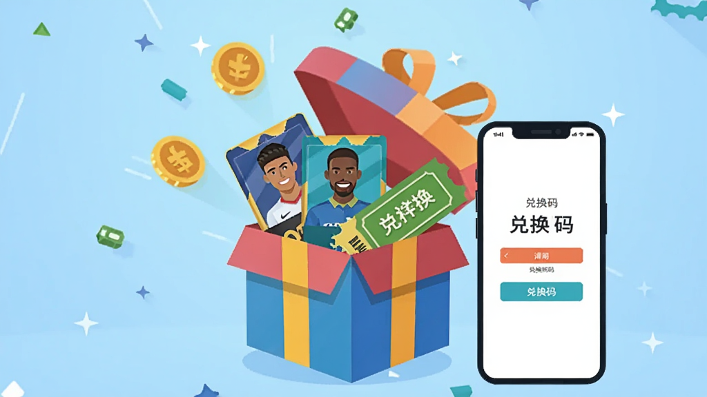 画面中央是一个打开的礼物盒,盒中飞出金币、球员卡和兑换券,礼物盒旁边放置一部手机,手机屏幕上显示兑换码输入框,背景为浅蓝色渐变,风格为简洁扁平插画,色彩活泼,画质清晰,无多余元素