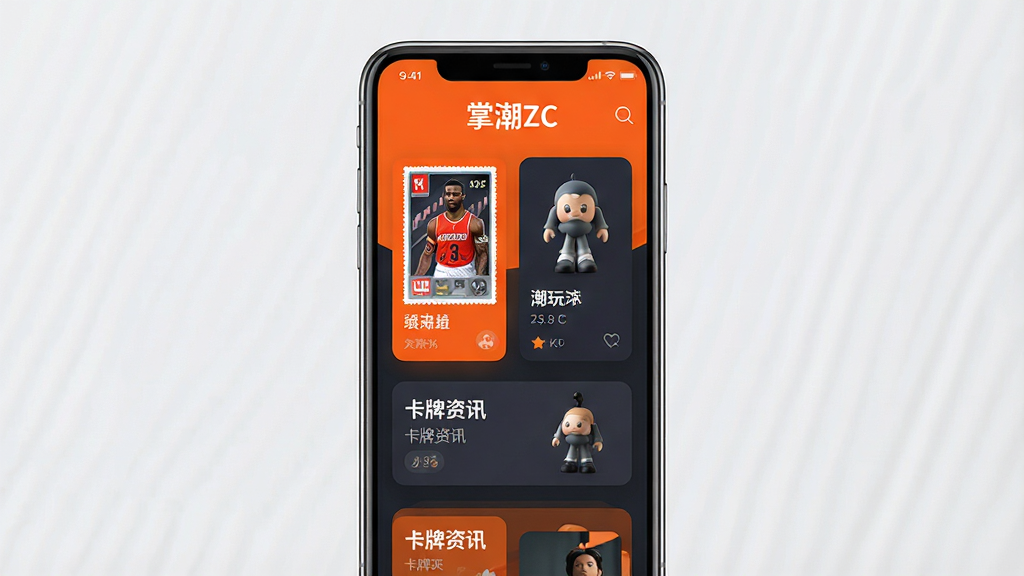 一张手机应用界面展示图,画面中央是一部竖屏智能手机,屏幕上显示潮流收藏类APP首页,顶部有“掌潮ZC”文字标识,页面包含球星卡、潮玩手办、卡牌资讯等卡片式模块,整体布局清晰,风格现代简约,配色以活力橙与深空灰为主,细节精致,画质干净清晰,无多余元素
