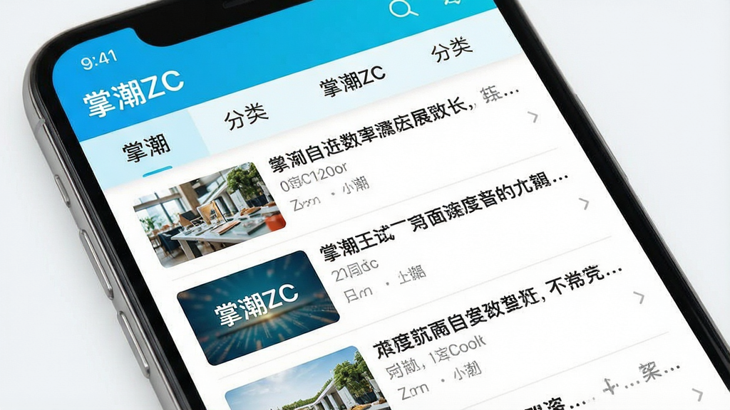 一张信息流界面展示图,画面为手机屏幕特写,屏幕上显示“掌潮ZC”资讯列表页面,每条资讯配有缩略图与标题文字,页面顶部有分类标签栏,整体排版整齐,风格清爽现代,配色明亮,画质干净,无多余元素