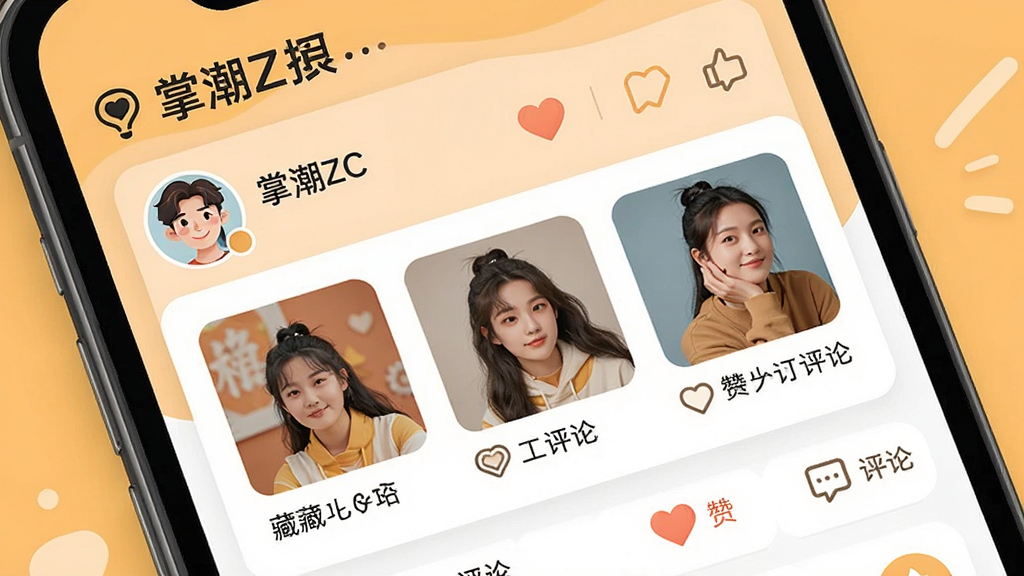 一张社区互动界面展示图,画面为手机屏幕特写,屏幕上显示“掌潮ZC”社区页面,包含用户头像、藏品图片、点赞评论图标等元素,布局活泼有序,风格年轻化,配色温暖,画质清晰干净,无多余元素