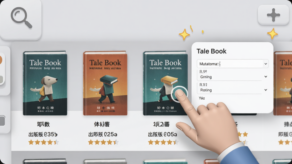 一个数字书架界面,每本书的封面都清晰展示,书籍下方整齐排列着作者名、出版社和评分星级,画面右侧有一只虚拟的手正在点击一本书的封面,封面弹出信息编辑面板,面板上显示“Tale Book”字样和元数据字段,背景为浅灰色工作台风格,细节包括放大镜图标和自动匹配的闪光符号,画质清晰整洁,无多余元素