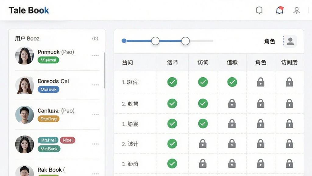 一个管理后台界面,左侧是用户列表,每个用户头像旁标注着不同的权限标签,右侧是书库权限矩阵表格,表格中用绿色勾选和灰色锁图标表示访问权限,界面顶部有“Tale Book”标识,背景为简洁的白色办公风格,细节包括权限滑块和角色图标,画质干净利落,无多余装饰