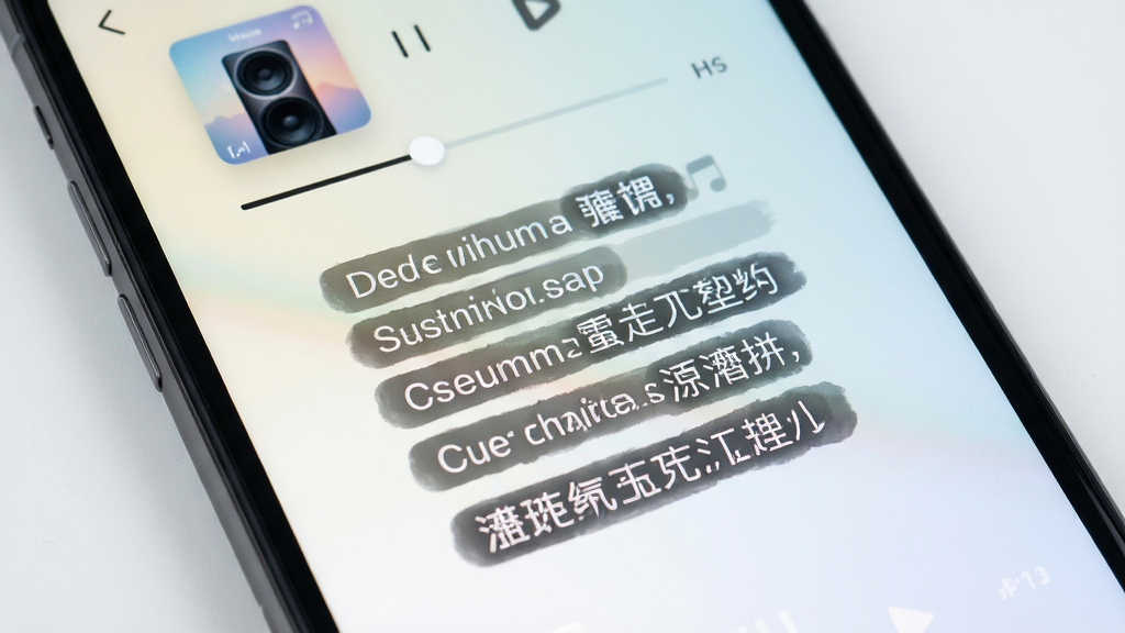 手机屏幕特写,屏幕中央显示歌词音箱的歌词滚动界面,歌词文字逐行高亮,上方有歌曲封面和进度条,界面风格清爽简约,背景为浅色渐变,画质清晰干净,无多余元素