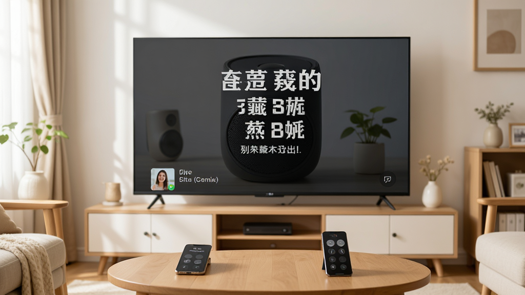 客厅场景中,一台智能电视屏幕上显示歌词音箱的歌词画面,大号歌词文字居中排列,下方有歌曲信息,手机放在茶几上作为控制端,整体画面温馨明亮,风格生活化,画质清晰干净,无多余元素