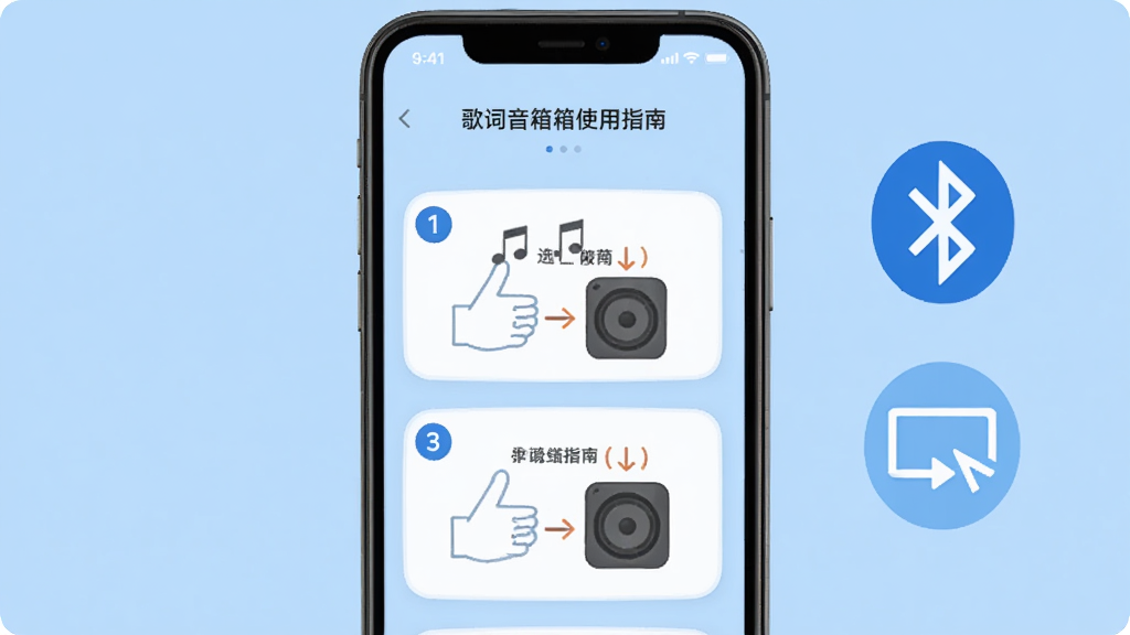 手机屏幕展示歌词音箱使用指南页面,画面中有步骤编号和操作示意图,旁边有蓝牙图标和投屏图标,风格为扁平化信息图,背景为浅蓝色,画质清晰干净,无多余元素