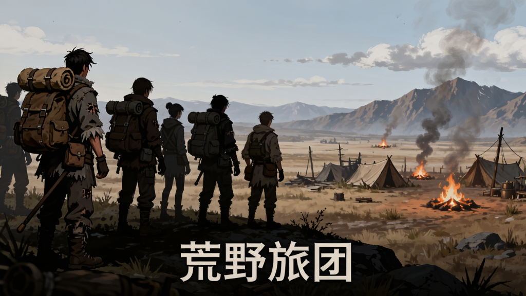 画面主体为一支背着行囊的荒野旅团队伍站在辽阔荒野的高处远眺,背景有山脉、废弃营地与升起的篝火,布局为横向宽幅构图,左侧为队伍剪影,右侧为荒野远景,排版上在画面下方居中位置放置文字“荒野旅团”,风格为写实厚涂游戏原画风,细节包括队员服装磨损质感、背包道具、远处烟雾与云层,画质清晰干净,无多余元素