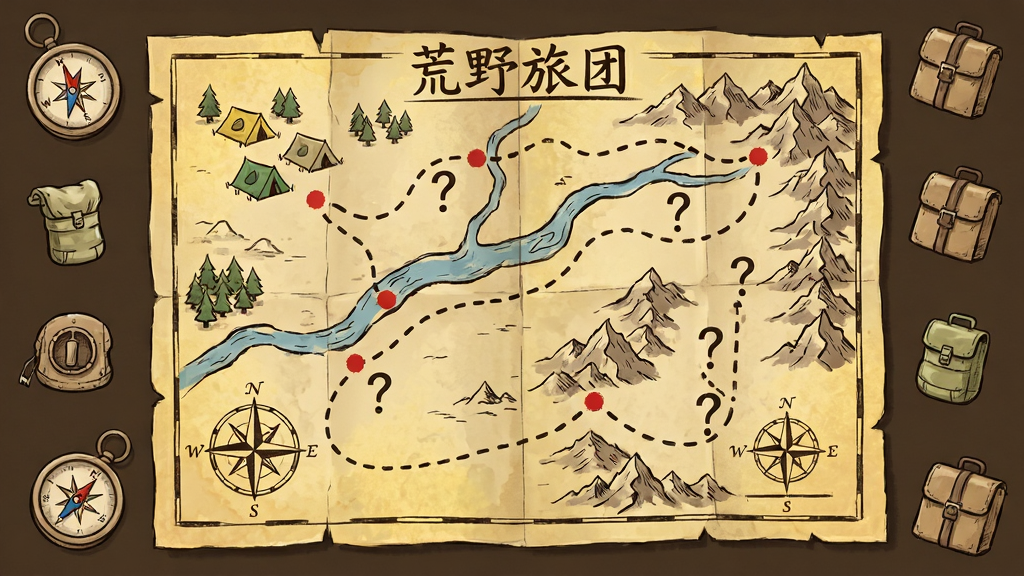画面主体为一张展开的荒野地图与探索路线,布局为俯视视角,地图上标注营地、河流、山脉与问号事件点,排版上地图居中、四周散落指南针与物资图标,风格为复古手绘探险地图风,细节包括泛黄纸张纹理、虚线路径、红色标记点,画质清晰干净,画面中文字为“荒野旅团”