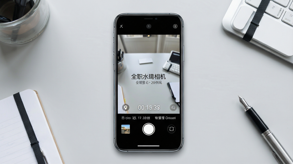 全职水印相机软件界面展示,主体为一部智能手机屏幕,屏幕上显示相机取景画面并叠加时间地点水印信息,布局为居中手机正面展示,背景为浅灰色简洁桌面,风格为现代科技产品展示风,细节包括手机边框高光、屏幕内水印文字清晰可见、周围点缀少量办公文具,画质高清干净,无多余元素