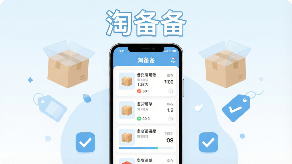 画面主体为一台竖屏智能手机,屏幕中央显示“淘备备”应用主界面,界面包含商品列表与库存数字卡片;手机两侧漂浮着半透明的纸箱、标签与勾选图标,布局采用居中对称构图;排版上软件名称“淘备备”以醒目标题字体置于画面上方;整体风格为清爽扁平化插画,配色以浅蓝与白色为主;细节上屏幕内展示备货清单与进度条,图标边缘干净利落;画质清晰,干净,无多余元素
