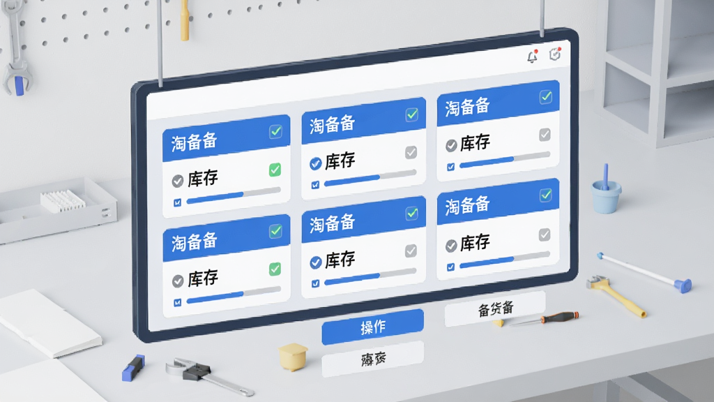 画面主体为一块悬浮的数字化备货看板,看板上排列着多张商品信息卡片,每张卡片标注“淘备备”字样与库存数字;布局为横向三列卡片式排版,背景为浅灰色工作台面;风格为现代商务扁平插画,配色以蓝白灰为主;细节上卡片带有勾选标记与数量进度条,看板下方有简洁的操作按钮;画质清晰,干净,无多余元素