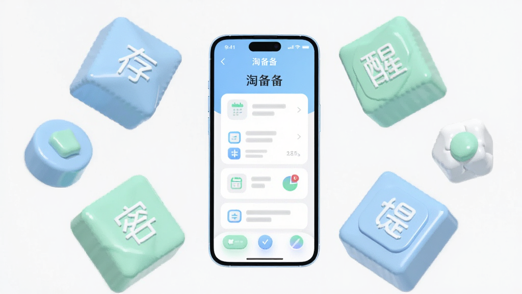 画面主体为一部手机与若干轻巧的几何图形块悬浮组合,手机屏幕显示“淘备备”功能入口页面;布局为手机居中、图形块环绕四周的放射式构图;风格为轻盈简约的3D渲染插画,配色以浅蓝、薄荷绿与白色为主;细节上几何块代表库存、记录与提醒等模块,表面带有柔和光泽;画质清晰,干净,无多余元素