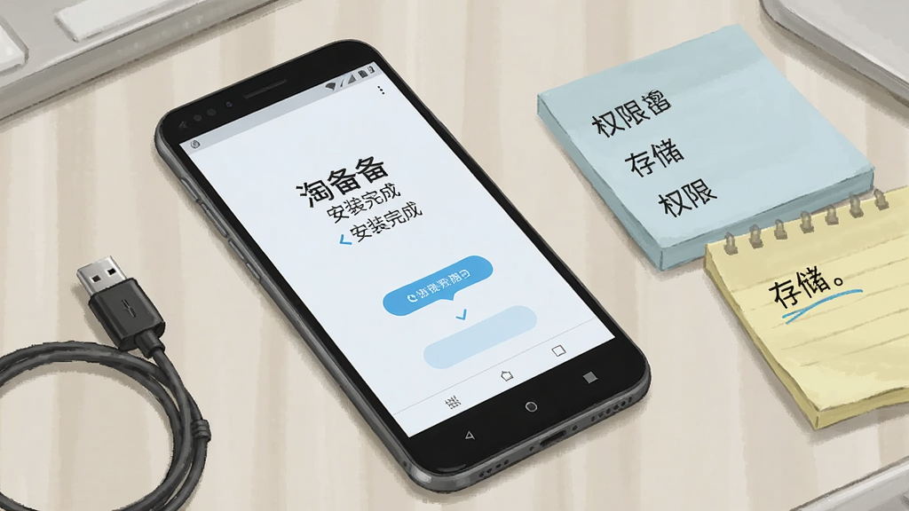 画面主体为一部安卓手机放置在桌面上,屏幕显示“淘备备”安装完成后的引导页面;布局为手机斜放、旁边摆放数据线与便签纸;风格为写实生活场景插画,配色以暖灰与浅蓝为主;细节上便签纸写有“权限”“存储”等简短字样,手机屏幕界面简洁;画质清晰,干净,无多余元素