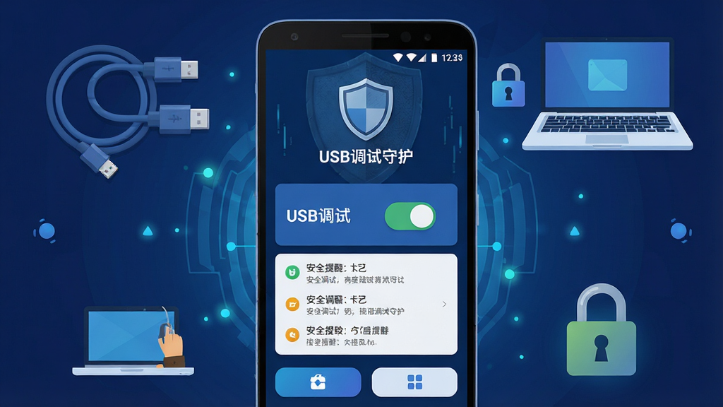 画面主体是一部安卓手机屏幕特写,屏幕中央显示“USB调试守护”软件界面,界面采用深蓝色科技感风格,布局为上方是盾牌图标与软件名称“USB调试守护”,中部是USB调试开关状态卡片与安全提醒列表,下方是简洁的功能按钮;手机周围环绕着数据线、笔记本电脑与安全锁图标,整体排版居中对称,风格为扁平化科技插画,细节包括微光粒子与盾牌纹理,画质清晰干净,无多余元素