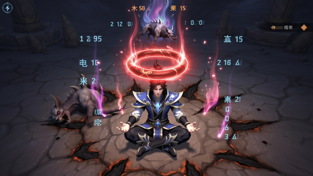游戏界面展示风格,主体为一名魂师盘坐在地吸收红色魂环,魂环从魂兽尸体上方缓缓飞向魂师头顶,布局采用中心对称构图,中央为魂师与魂环,四周环绕魂力光效与属性数值浮动,排版为竖版技能吸收界面,风格为玄幻魔法特效渲染,细节包括魂环光晕层次、地面焦痕、魂力粒子上升轨迹,画质为高清、干净、无多余元素