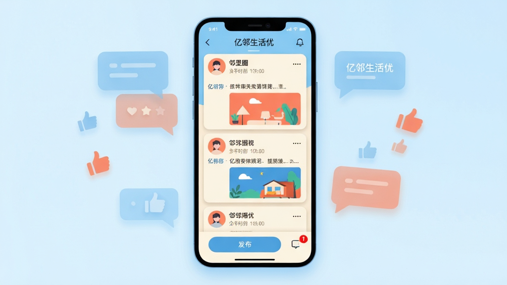 画面主体为一块竖屏手机界面,展示邻里圈动态信息流,每条动态包含用户头像、昵称、发布时间、文字内容与配图缩略图,界面底部有发布按钮和消息提示红点。手机悬浮在淡蓝色渐变背景中央,周围环绕若干半透明的对话气泡和点赞图标作为装饰。风格为现代扁平插画,色彩以天蓝、珊瑚橙和米白为主,细节上强调头像的圆形裁剪和动态卡片的柔和投影。画质干净清晰,界面中适当位置以简洁字体呈现“亿邻生活优”名称。
