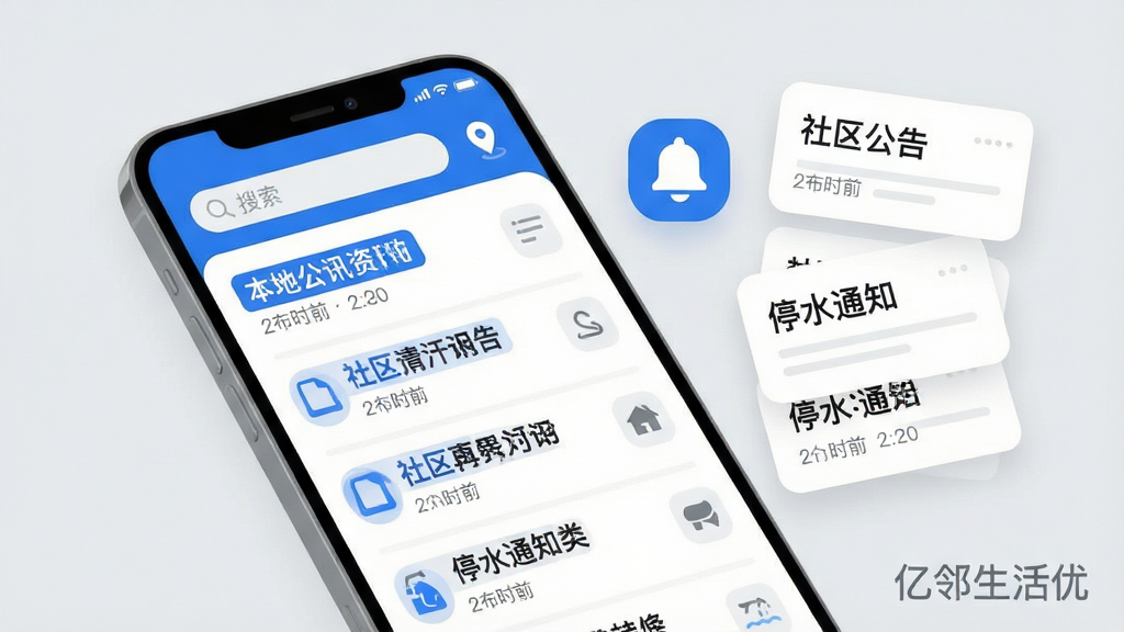 画面主体为一部横放的智能手机,屏幕显示本地资讯列表页面,列表项包含醒目标题、发布时间标签和分类图标,页面顶部有搜索框和定位标识。手机右侧漂浮着一个铃铛图标和若干资讯卡片,卡片上以简洁文字标注“社区公告”“停水通知”等字样。整体风格为清爽的矢量插画,配色采用浅灰背景搭配蓝色高亮标题,细节上注重卡片圆角和留白比例。画质细腻干净,画面一角以柔和字体标注“亿邻生活优”字样。