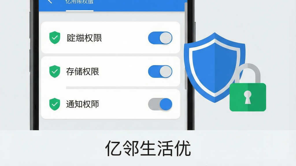画面主体为一部安卓手机屏幕特写,显示应用权限设置页面,页面中定位权限、存储权限、通知权限三个选项以列表形式呈现,每个选项右侧有开关按钮。手机旁边放置一个盾牌图标和锁形图标作为安全象征。风格为简洁的扁平化信息图,配色以浅灰背景搭配蓝色开关高亮和绿色盾牌,细节上注重图标线条的简洁和页面排版的工整。画质清晰干净,画面下方以简洁字体标注“亿邻生活优”字样。