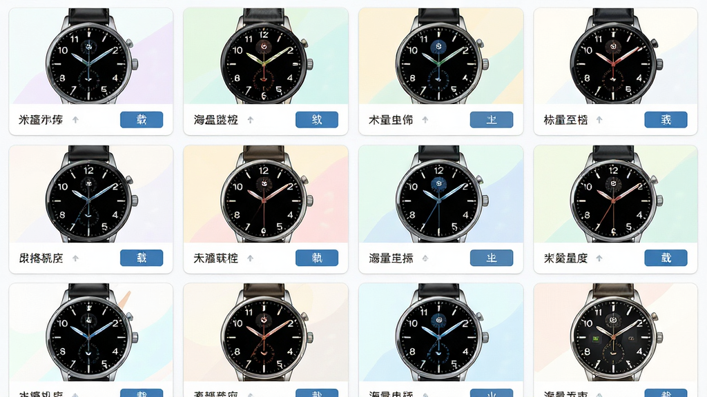 表盘自定义工具软件界面中展示海量模板库,画面主体为整齐排列的表盘预览缩略图网格,布局为三行四列,排版清晰,风格为清新明快的卡片式设计,细节包括每个表盘缩略图下方的风格标签和下载按钮,画质高清,干净无多余元素