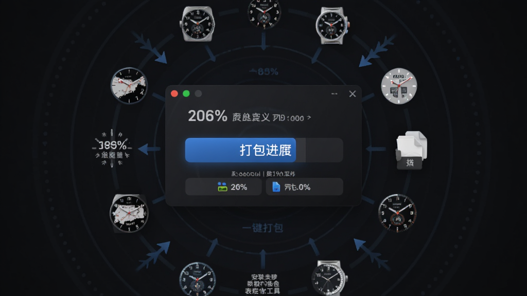 表盘自定义工具软件的一键打包界面,主体为居中的打包进度窗口,周围环绕着表盘素材图标和文件传输箭头,布局为环形放射状,排版突出中心操作按钮,风格为简洁的深色科技风,细节包括进度百分比、文件格式标识和安装步骤提示文字,画质高清,干净无多余元素