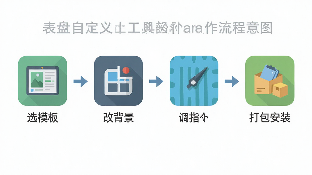 表盘自定义工具软件操作流程示意图,主体为从左至右排列的四个操作步骤图标,分别为选模板、改背景、调指针、打包安装,布局为横向流程图,排版简洁明了,风格为扁平化图标设计,细节包括每个步骤下方的简短文字说明和箭头连接,画质高清,干净无多余元素