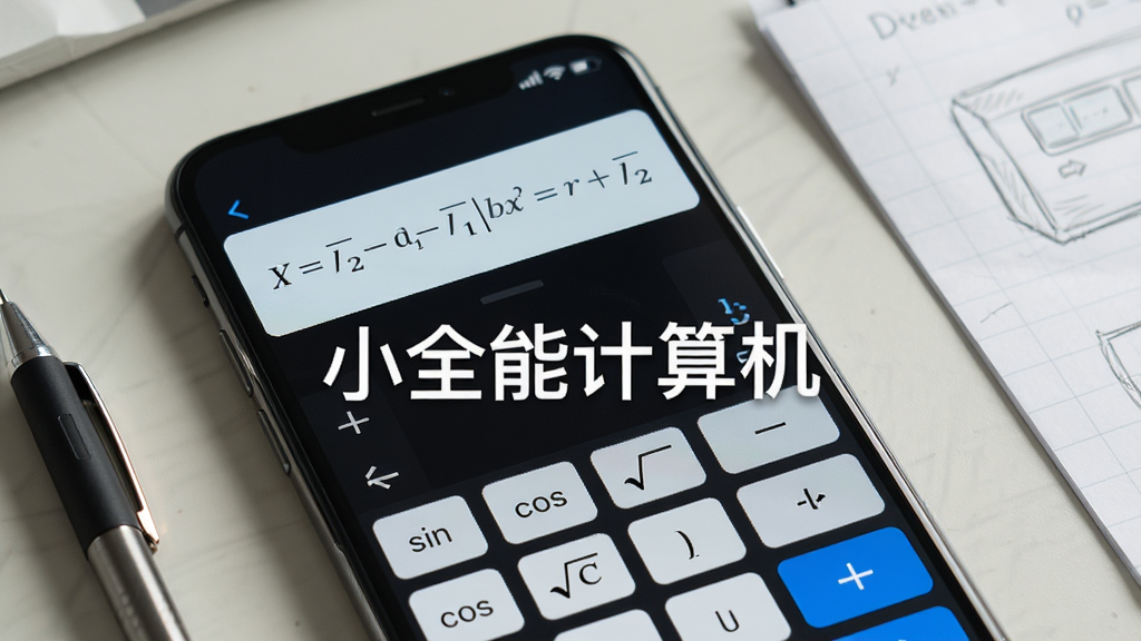 一张手机屏幕特写图,画面展示小全能计算机的科学计算模式界面,屏幕上方显示一行数学表达式,下方为带函数键位的键盘,包含sin、cos、根号与括号按键,手机斜放在浅色桌面上,旁边放着一支笔和一张草稿纸,风格写实简洁,排版以手机为主体居中,细节清晰,画质高清,画面中打文字“小全能计算机”,干净无多余元素