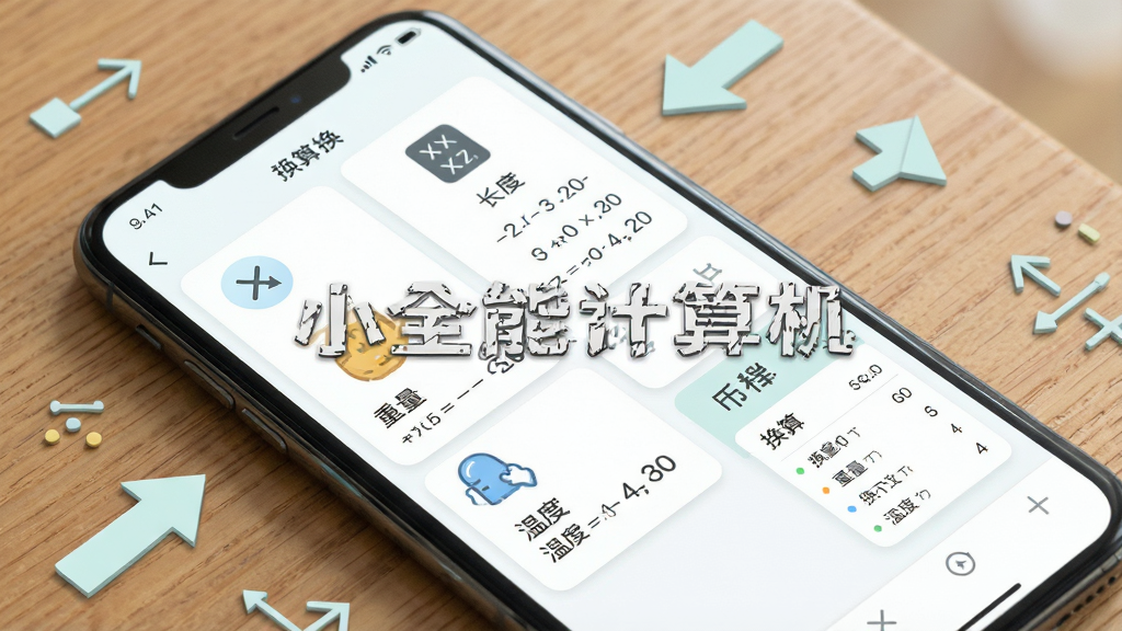 一张手机应用功能展示图,画面为小全能计算机的换算页面,屏幕中显示多个单位换算卡片,包含长度、重量与温度图标,右侧有币种换算小面板,手机平放在木质桌面,周围点缀几个简约的换算箭头图形,风格清新浅色,排版以手机屏幕内容为主体,细节干净,画质高清,画面中打文字“小全能计算机”,干净无多余元素