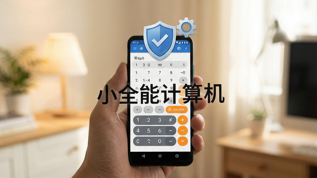 一张手机使用场景图,画面中一只手握着安卓手机,屏幕显示小全能计算机的计算结果页面,手机上方漂浮盾牌与齿轮图标象征安全与设置,背景为室内柔和光线,风格写实自然,排版以手机为视觉中心,细节清晰,画质高清,画面中打文字“小全能计算机”,干净无多余元素