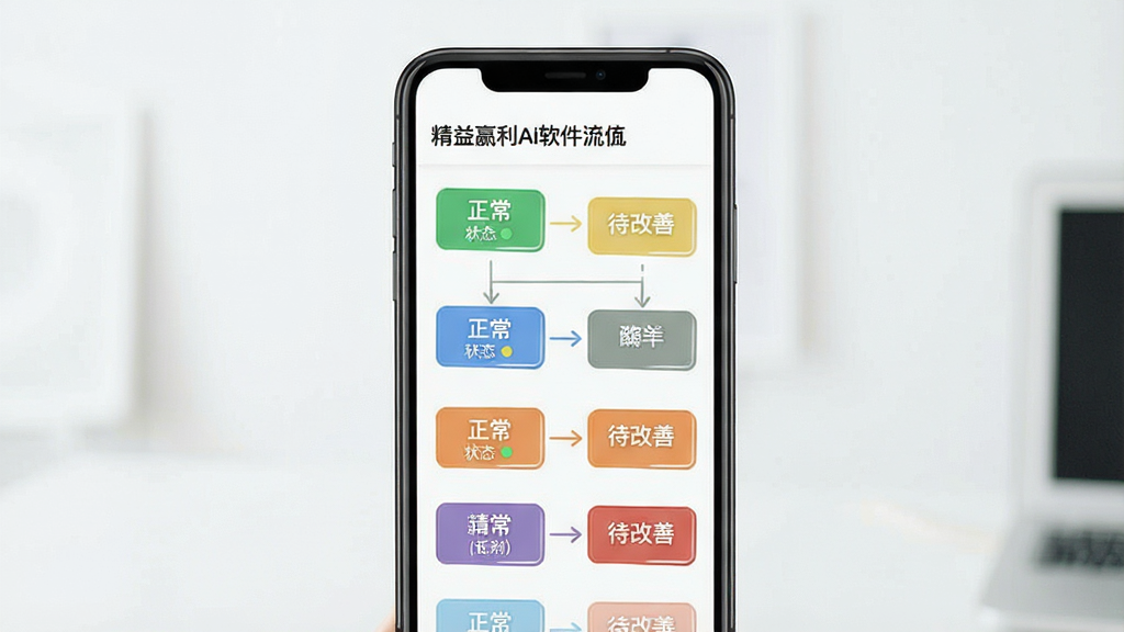 一张精益赢利Ai软件价值流梳理页面示意,画面主体为手机界面中的流程节点列表与简易箭头图示,节点用不同颜色区分正常与待改善环节,布局为居中手机展示,风格清新浅色,细节包含节点标签和状态标记,画质清晰干净,无多余装饰元素