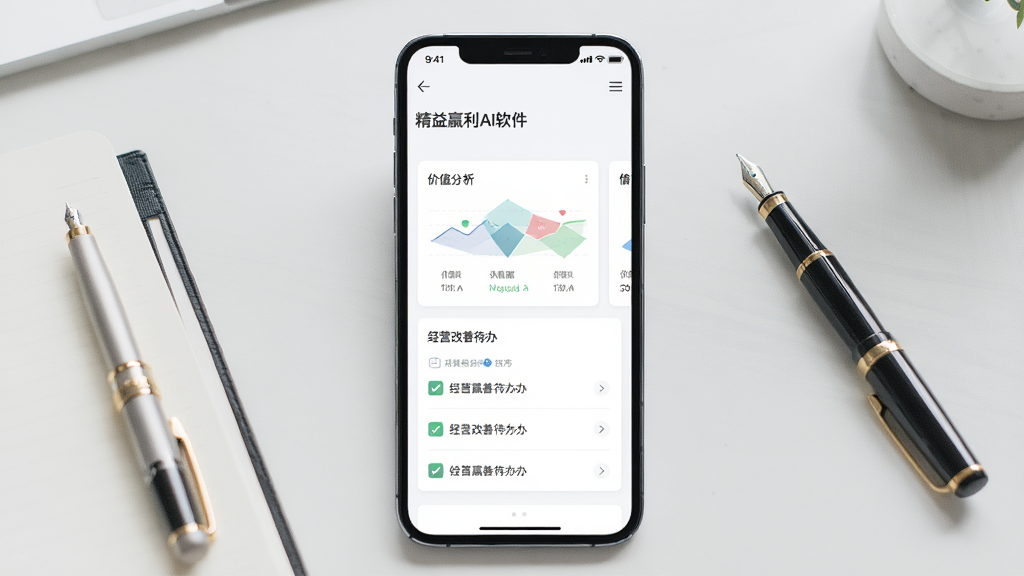 一张手机屏幕展示精益赢利Ai软件首页界面,画面中央是简洁的经营管理仪表盘,包含价值流分析卡片和经营改善待办列表,背景为浅色办公桌面,旁边放置笔记本和钢笔,整体布局为竖版手机截图风格,风格简洁商务,细节清晰,画质干净,无多余元素