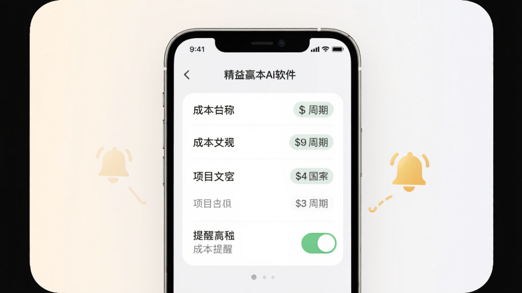 一张精益赢利Ai软件成本提醒功能界面,手机屏幕显示成本项目清单与提醒开关,旁边有轻微的铃铛图标示意,画面布局为手机居中加浅色背景,风格柔和圆角,细节包含项目名称和周期标签,画质干净清晰,无多余元素